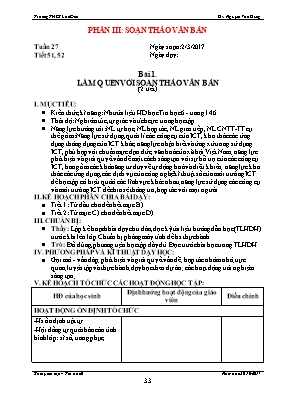Kế hoạch bài học Tin học 6 - Tiết 51+52, Bài 1 Làm quen với soạn thảo văn bản (2 tiết) - Năm học 2016-2017 - Nguyễn Văn Dũng